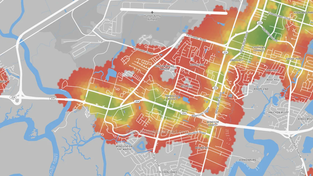 Walk Grade map of Wilshire Estates-Savannah Mall, Savannah, GA, walkable areas in green and car-dependent areas in red
