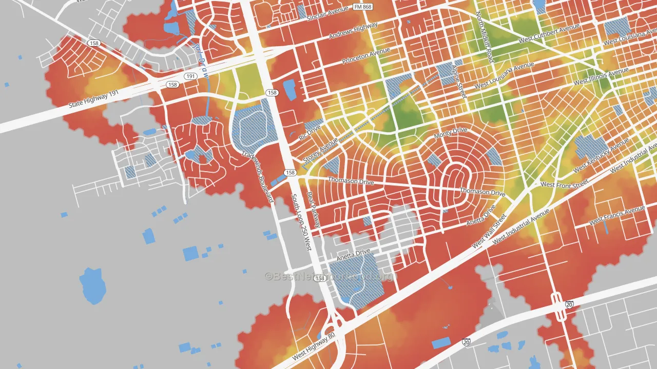 Walk Grade map of Wilshire Park, Midland, TX, walkable areas in green and car-dependent areas in red