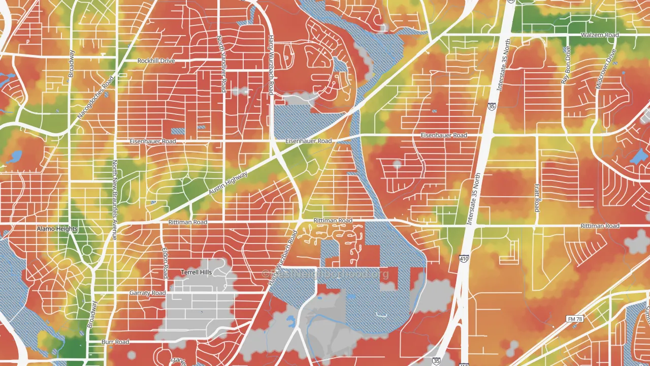 Walk Grade map of Wilshire, San Antonio, TX, walkable areas in green and car-dependent areas in red