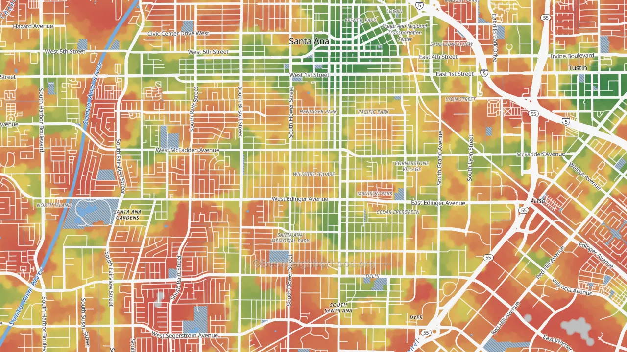 Walk Grade map of Wilshire Square, Santa Ana, CA, walkable areas in green and car-dependent areas in red