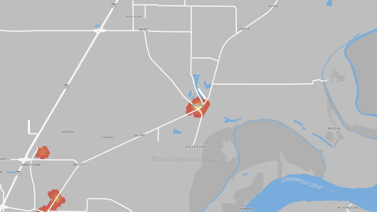 Walk Grade map of Wilson, AR, walkable areas in green and car-dependent areas in red