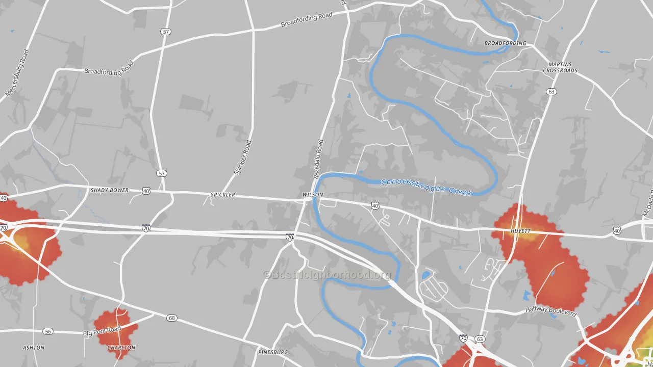 Walk Grade map of Wilson-Conococheague, MD, walkable areas in green and car-dependent areas in red