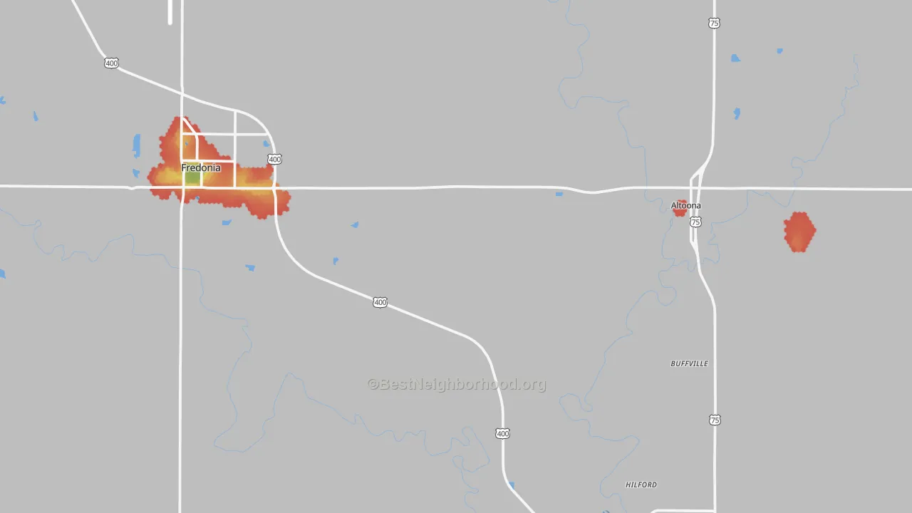Walk Grade map of Wilson County, KS, walkable areas in green and car-dependent areas in red