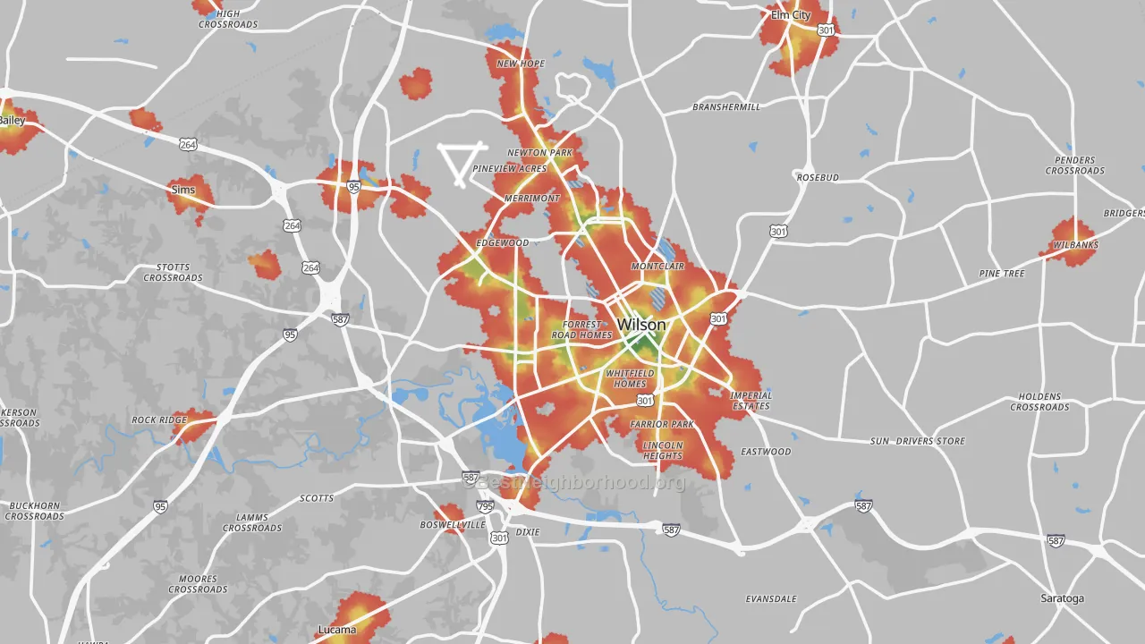 Walk Grade map of Wilson County, NC, walkable areas in green and car-dependent areas in red