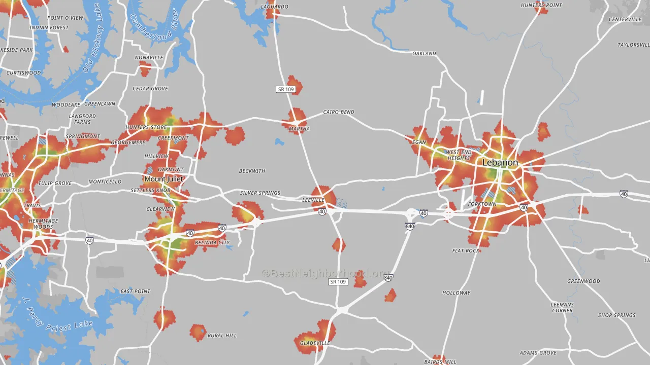 Walk Grade map of Wilson County, TN, walkable areas in green and car-dependent areas in red