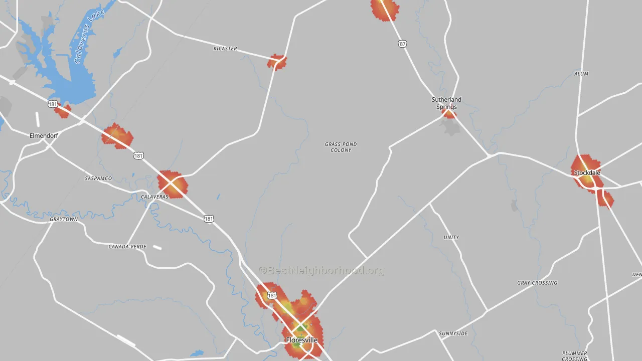 Walk Grade map of Wilson County, TX, walkable areas in green and car-dependent areas in red