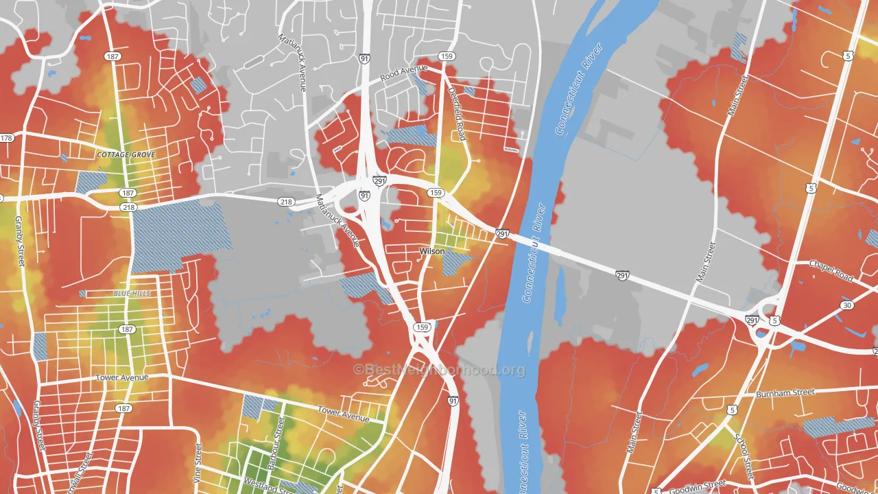 Walk Grade map of Wilson, CT, walkable areas in green and car-dependent areas in red