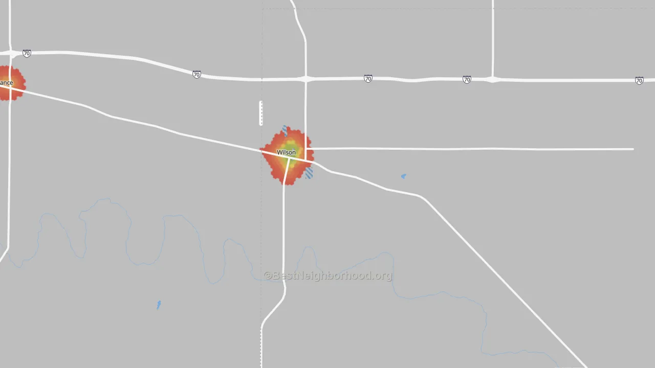 Walk Grade map of Wilson, KS, walkable areas in green and car-dependent areas in red