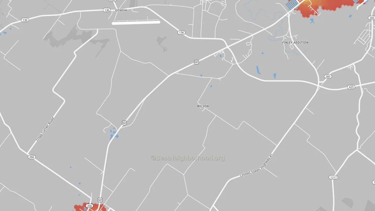 Walk Grade map of Wilson, KY, walkable areas in green and car-dependent areas in red