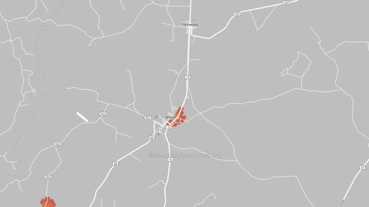 Walk Grade map of Wilson, LA, walkable areas in green and car-dependent areas in red