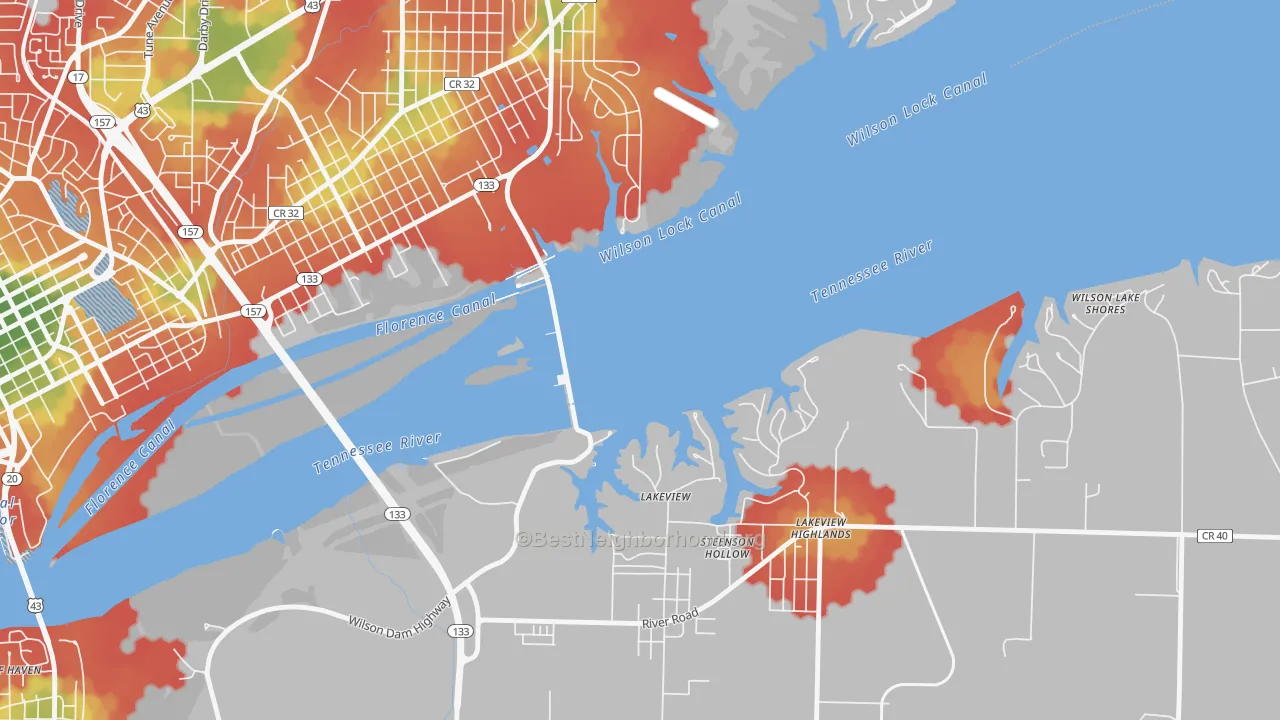 Walk Grade map of Wilson Lake Shores, AL, walkable areas in green and car-dependent areas in red