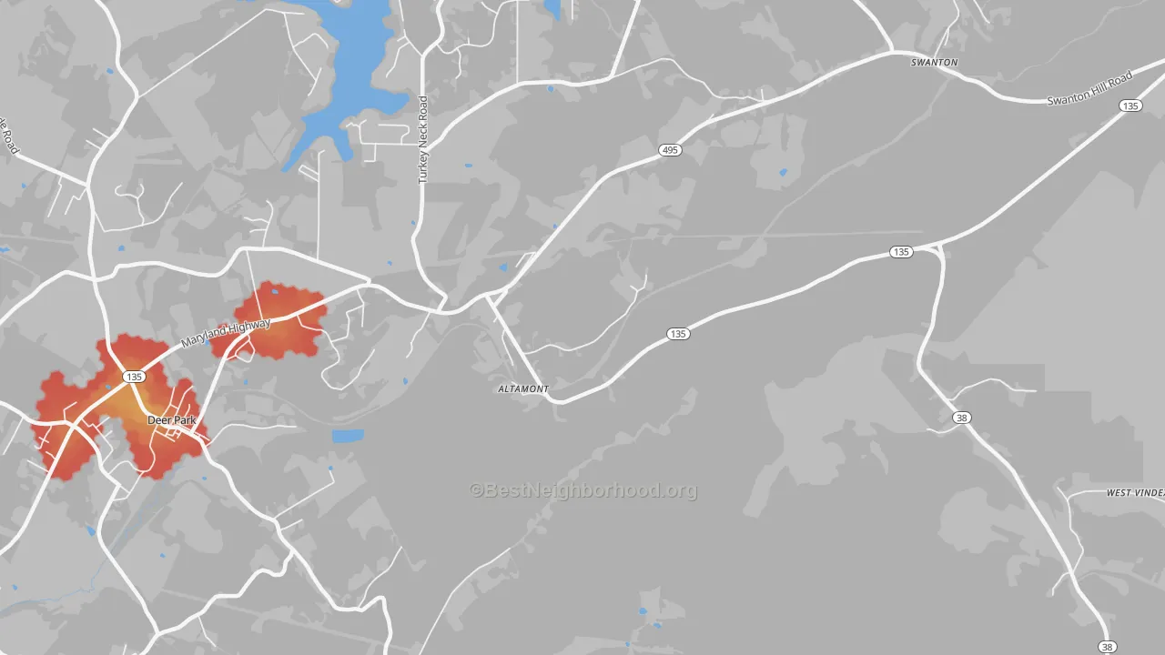 Walk Grade map of Wilson, MD, walkable areas in green and car-dependent areas in red