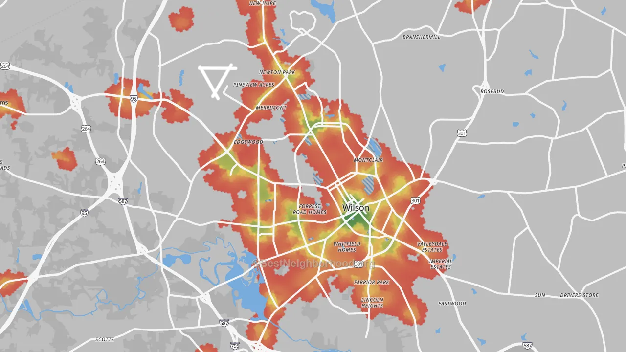 Walk Grade map of Wilson, NC, walkable areas in green and car-dependent areas in red