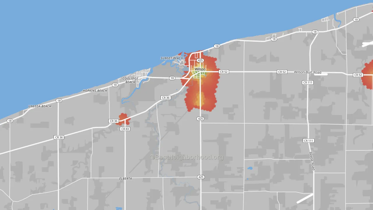 Walk Grade map of Wilson, NY, walkable areas in green and car-dependent areas in red