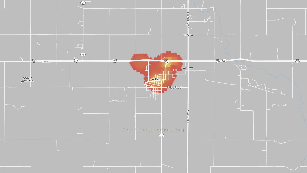 Walk Grade map of Wilson, OK, walkable areas in green and car-dependent areas in red