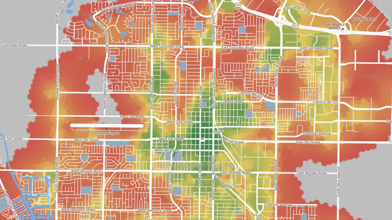 Walk Grade map of Wilson, Oxnard, CA, walkable areas in green and car-dependent areas in red