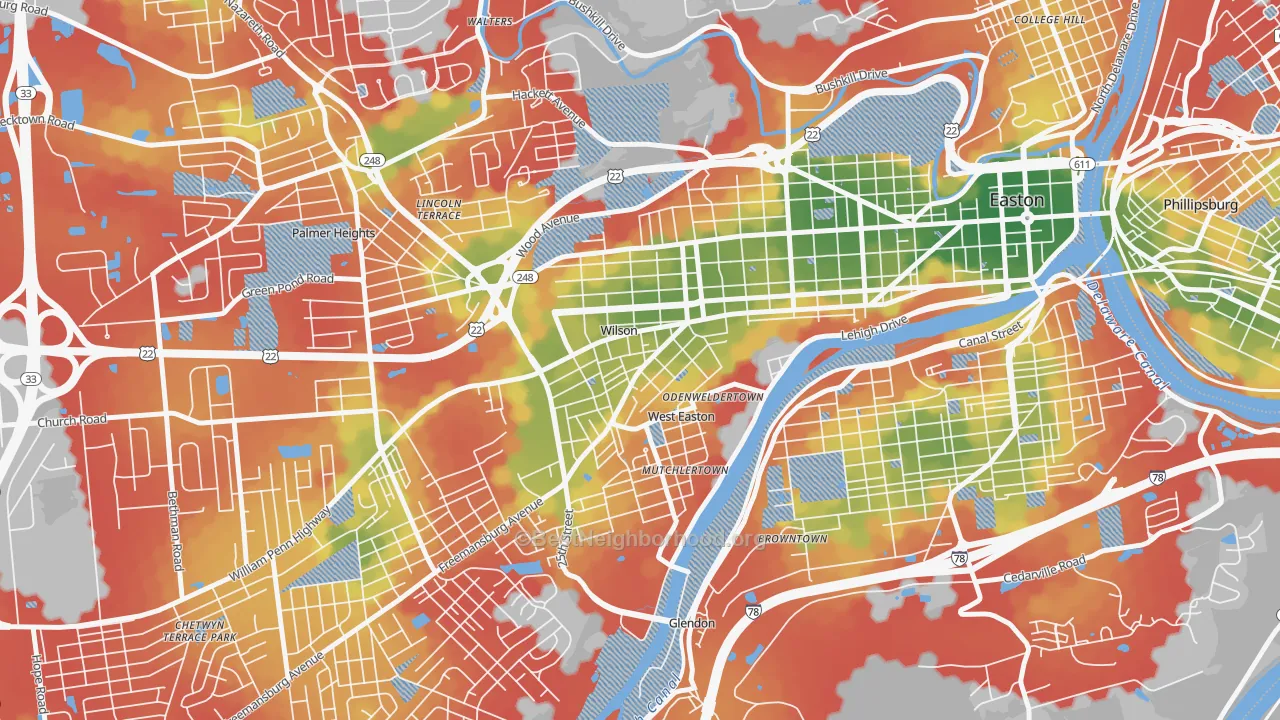 Walk Grade map of Wilson, PA, walkable areas in green and car-dependent areas in red