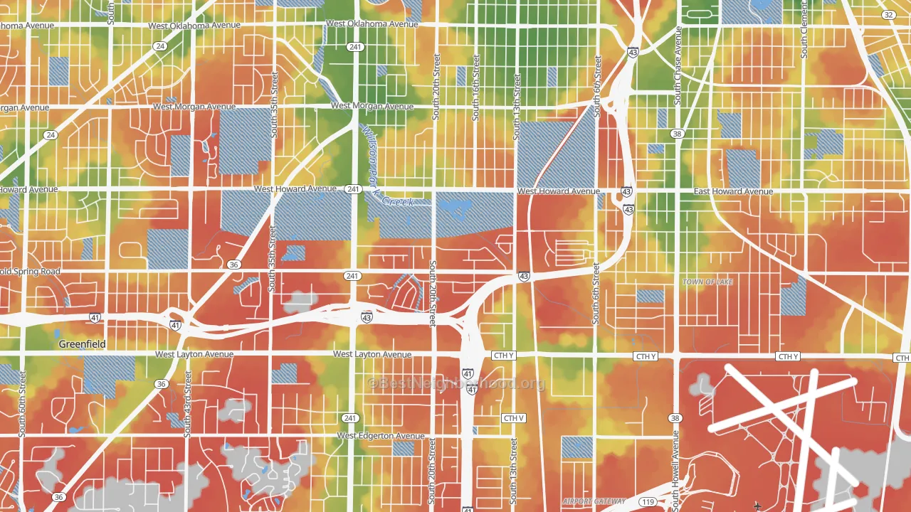 Walk Grade map of Wilson Park, Milwaukee, WI, walkable areas in green and car-dependent areas in red