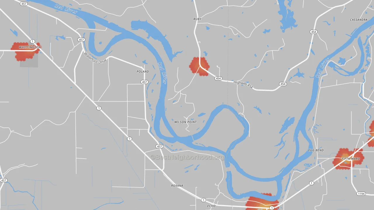 Walk Grade map of Wilson Point, LA, walkable areas in green and car-dependent areas in red