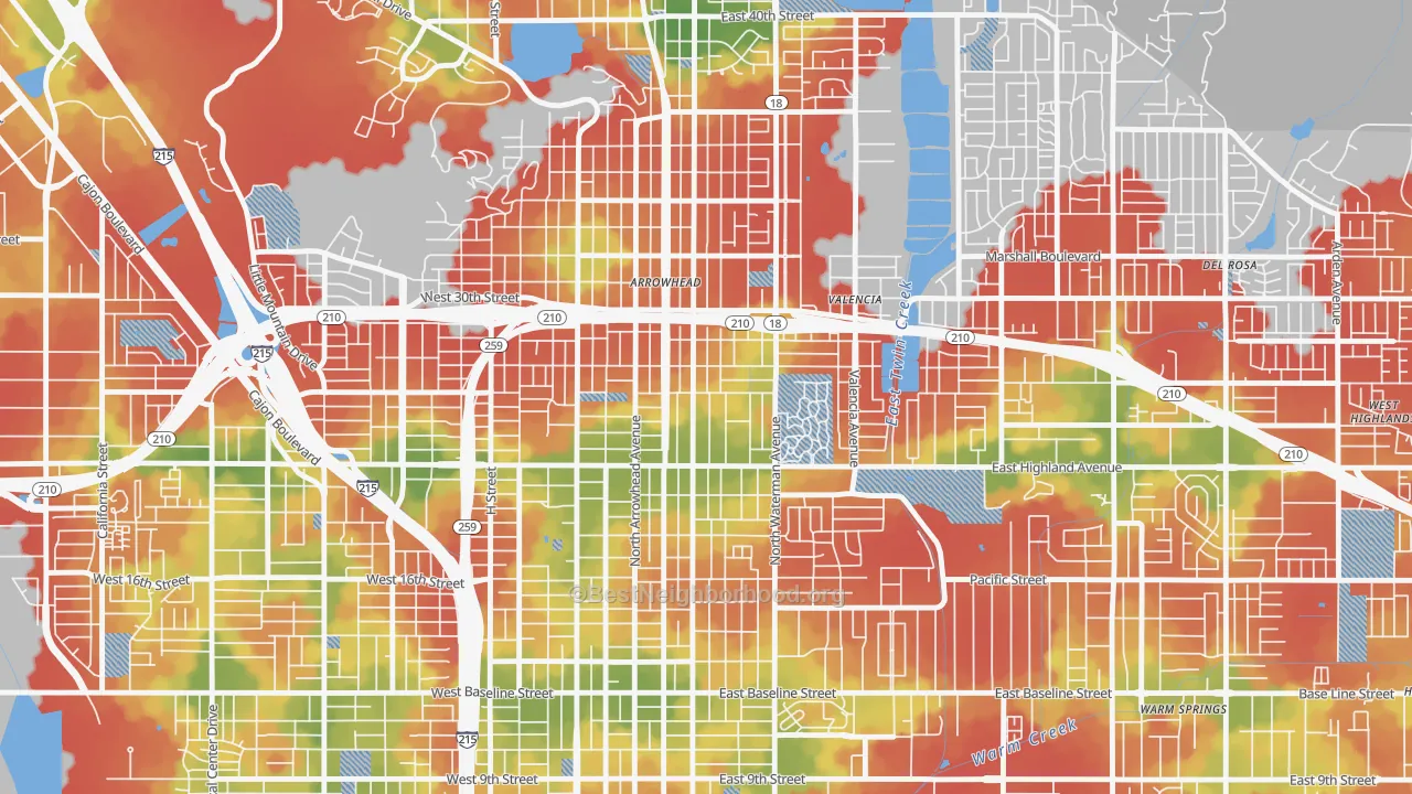 Walk Grade map of Wilson-Riverside, San Bernardino, CA, walkable areas in green and car-dependent areas in red