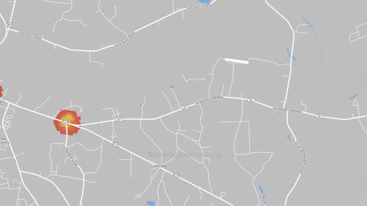Walk Grade map of Wilson, SC, walkable areas in green and car-dependent areas in red