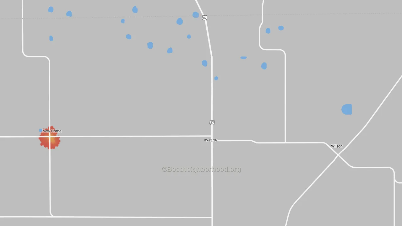 Walk Grade map of Wilson, TX, walkable areas in green and car-dependent areas in red