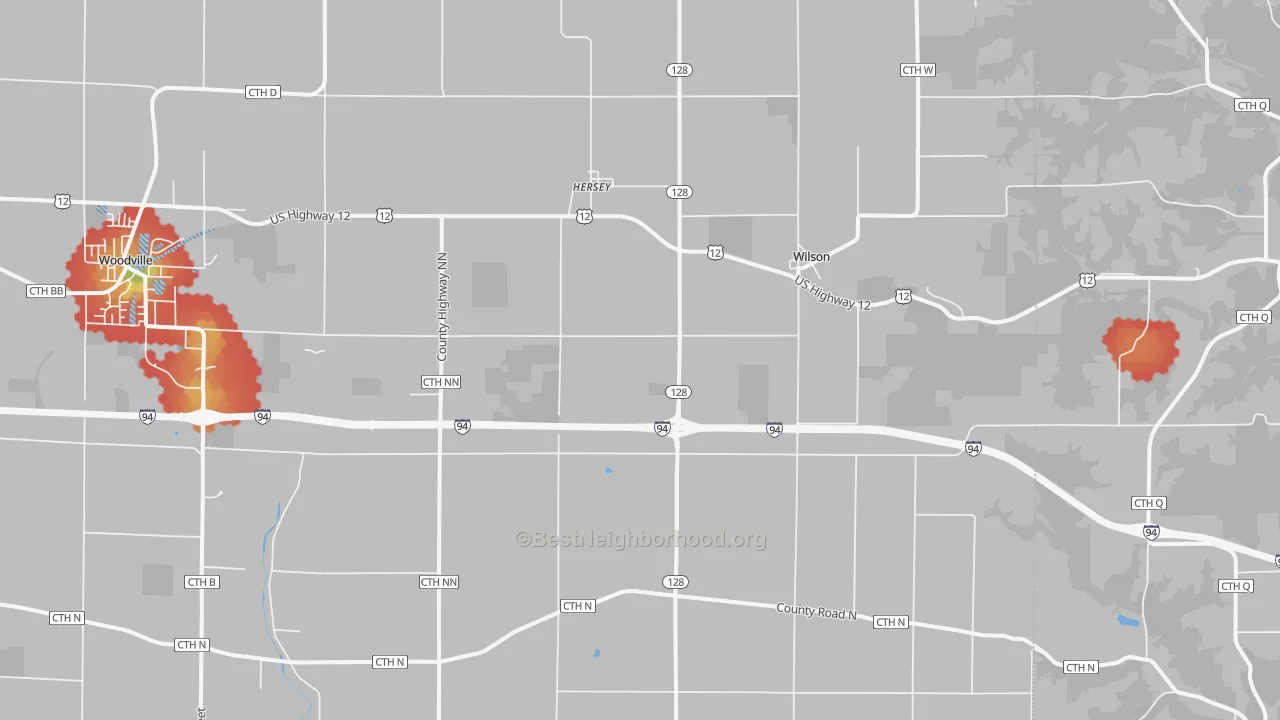 Walk Grade map of Wilson, WI, walkable areas in green and car-dependent areas in red