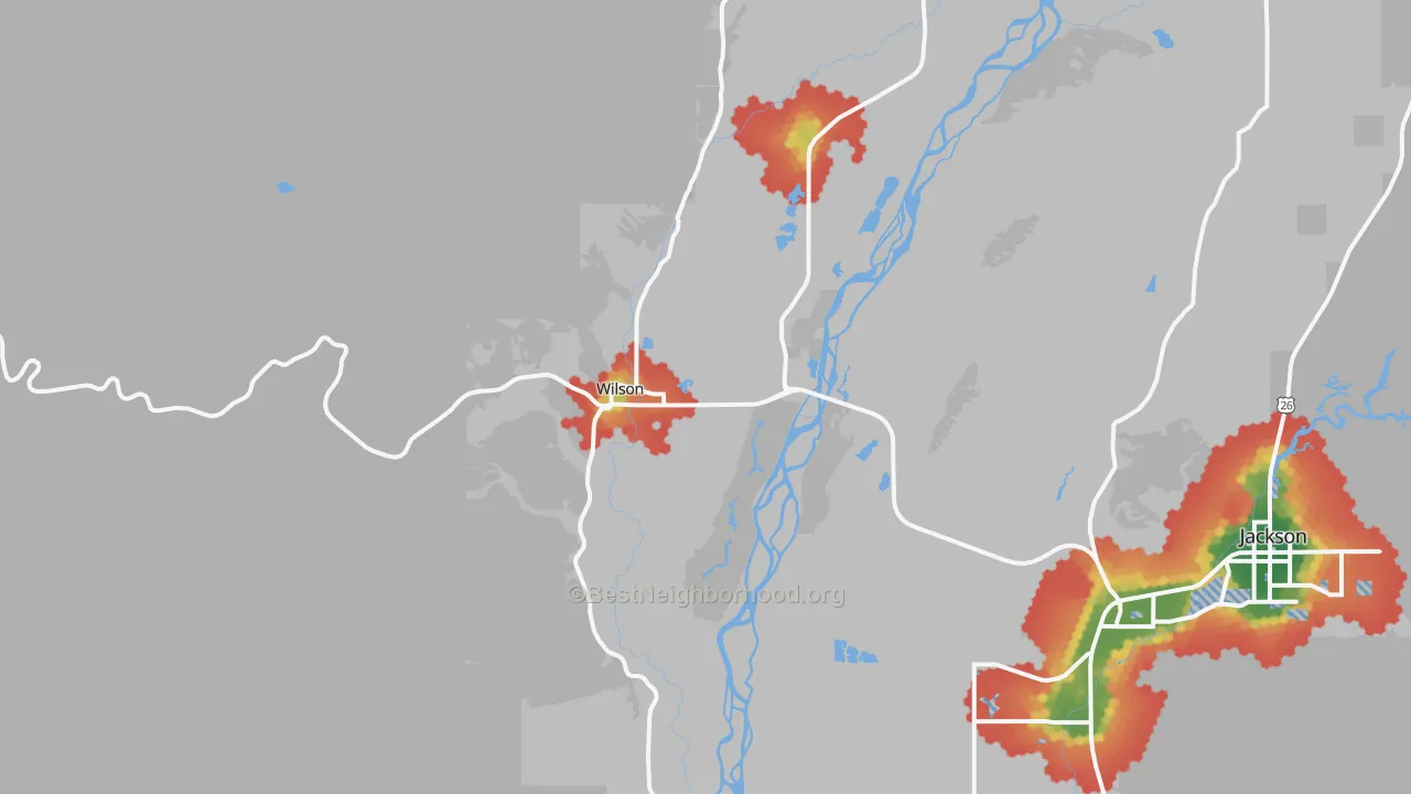 Walk Grade map of Wilson, WY, walkable areas in green and car-dependent areas in red
