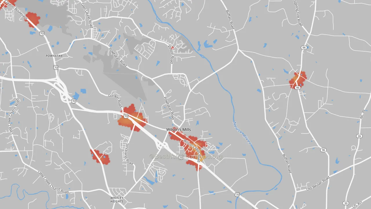 Walk Grade map of Wilsons Mills, NC, walkable areas in green and car-dependent areas in red