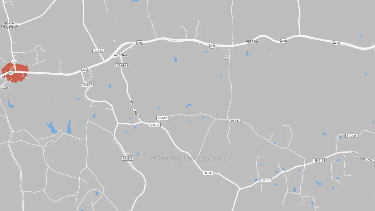 Walk Grade map of Wilsons, VA, walkable areas in green and car-dependent areas in red