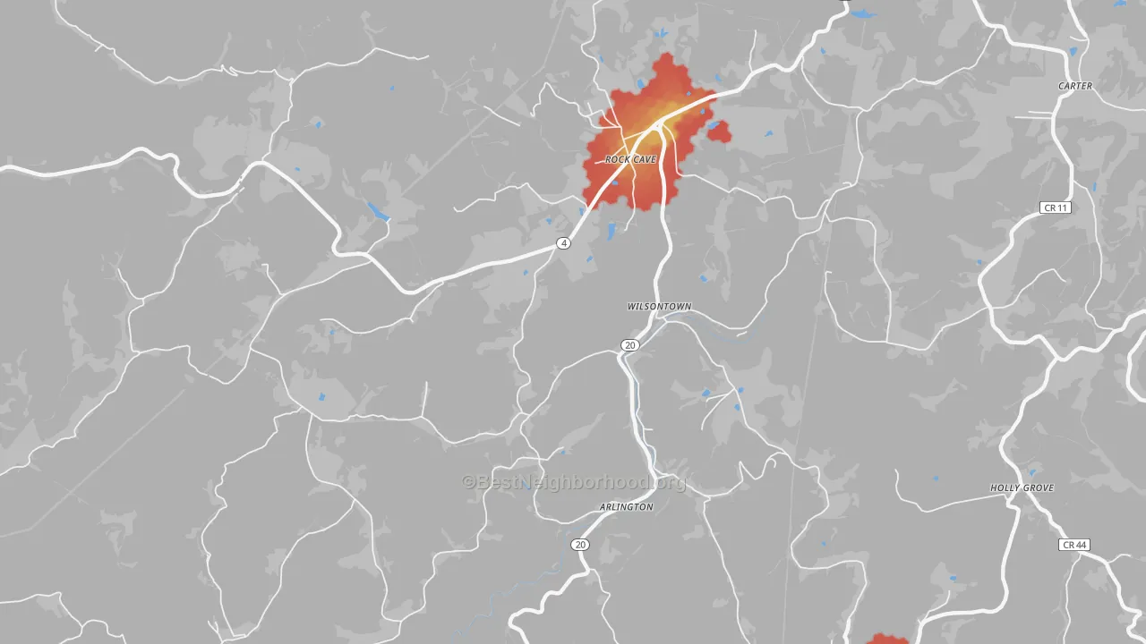 Walk Grade map of Wilsontown, WV, walkable areas in green and car-dependent areas in red