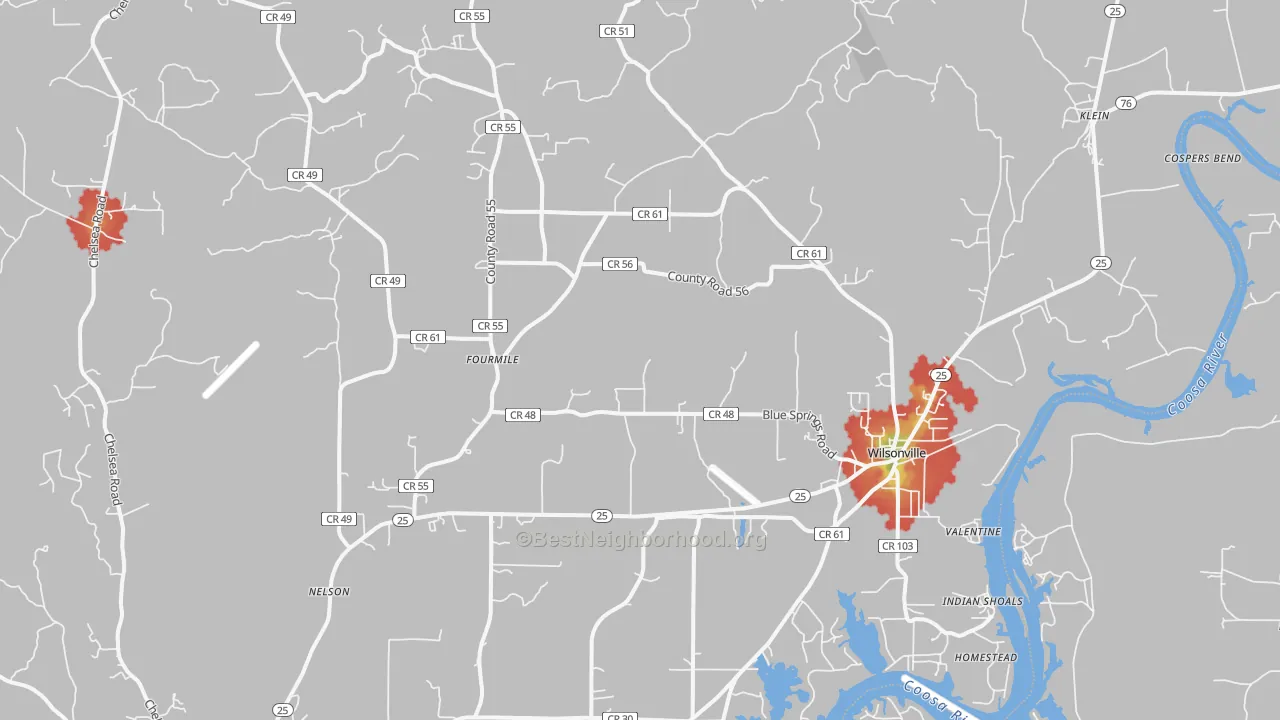 Walk Grade map of Wilsonville, AL, walkable areas in green and car-dependent areas in red