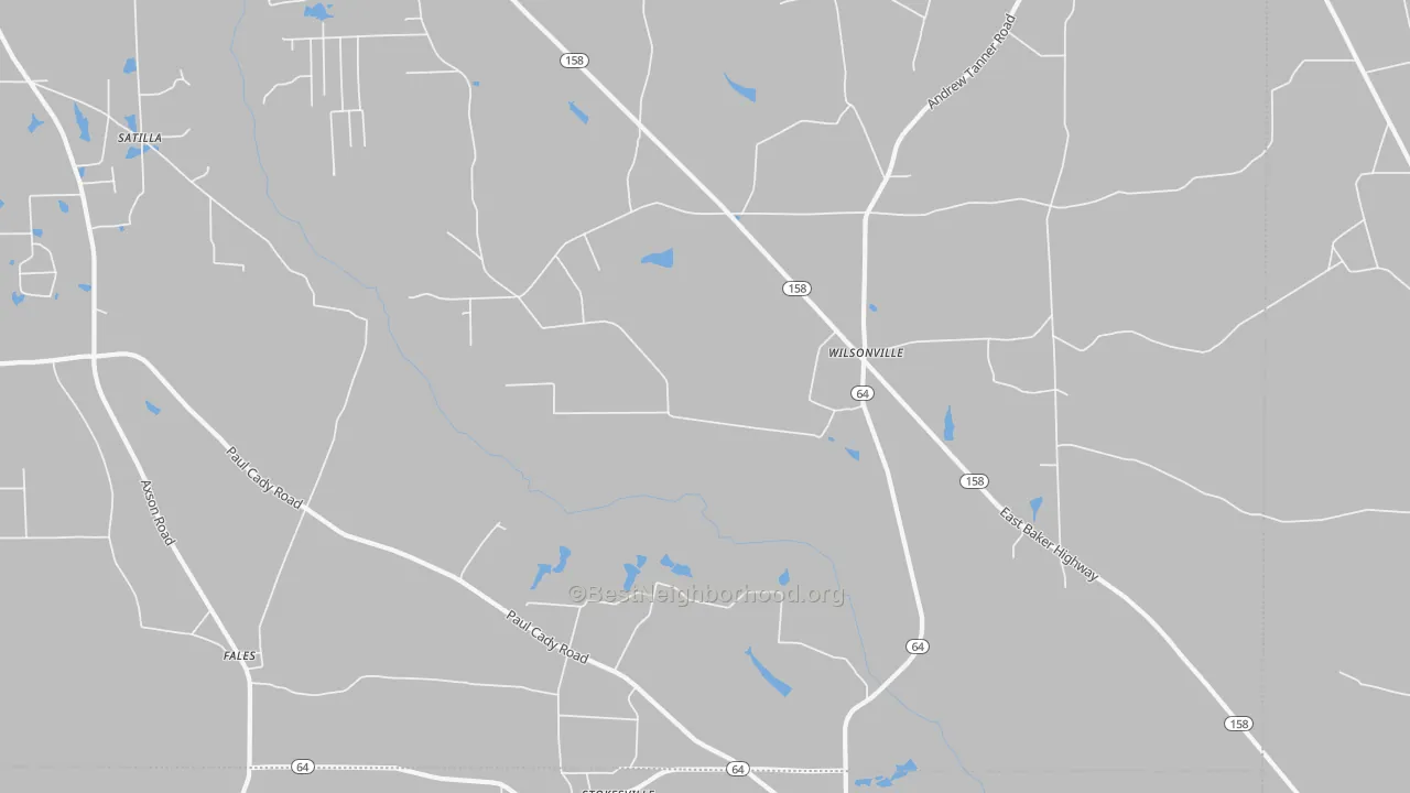 Walk Grade map of Wilsonville, GA, walkable areas in green and car-dependent areas in red