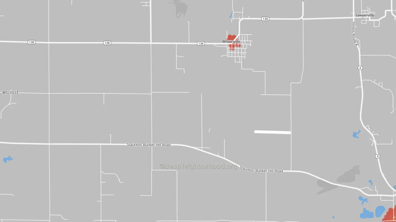 Walk Grade map of Wilsonville, IL, walkable areas in green and car-dependent areas in red