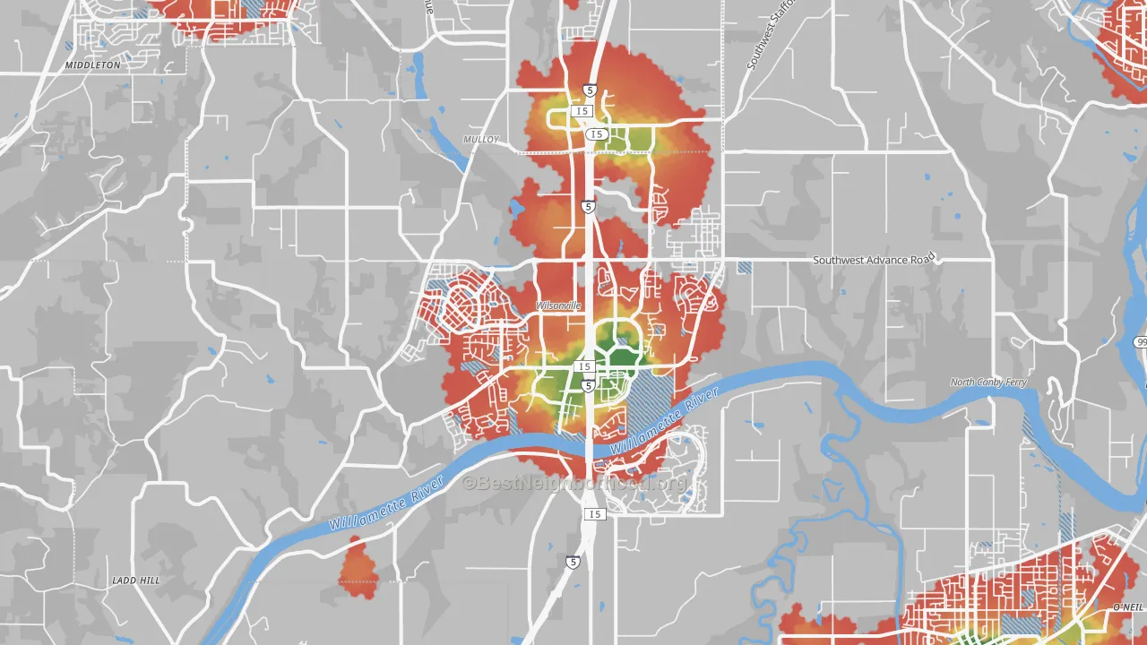 Walk Grade map of Wilsonville, OR, walkable areas in green and car-dependent areas in red