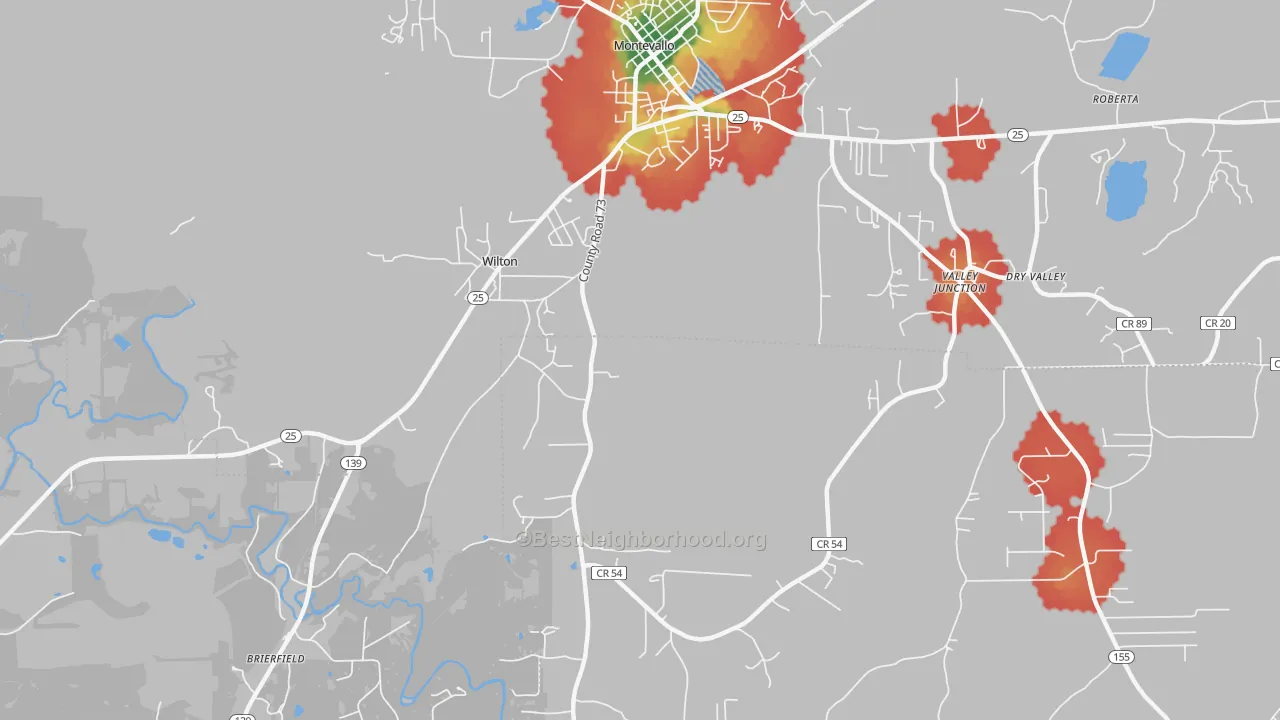 Walk Grade map of Wilton, AL, walkable areas in green and car-dependent areas in red