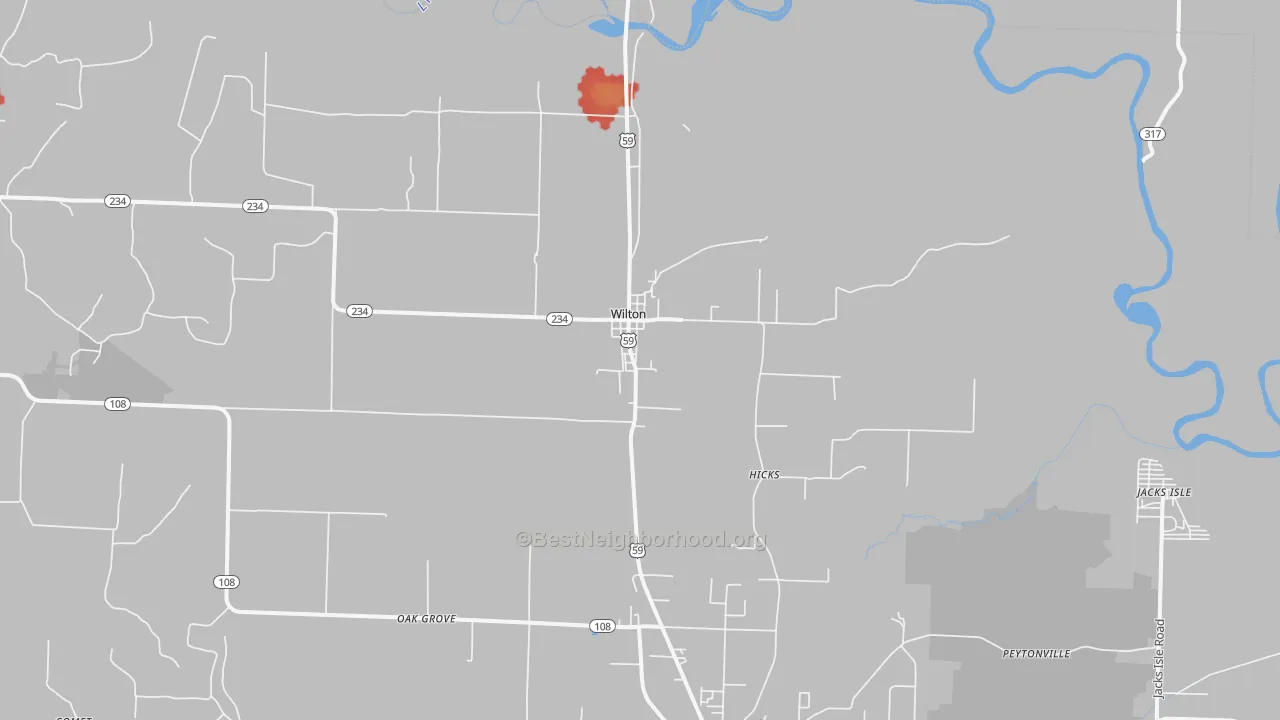 Walk Grade map of Wilton, AR, walkable areas in green and car-dependent areas in red