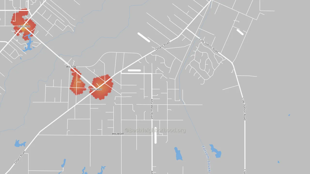 Walk Grade map of Wilton, CA, walkable areas in green and car-dependent areas in red