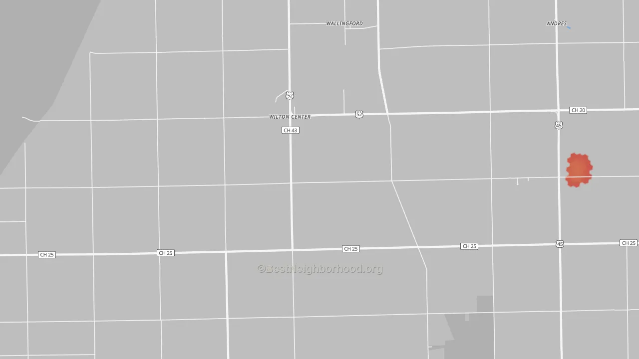 Walk Grade map of Wilton Center, IL, walkable areas in green and car-dependent areas in red