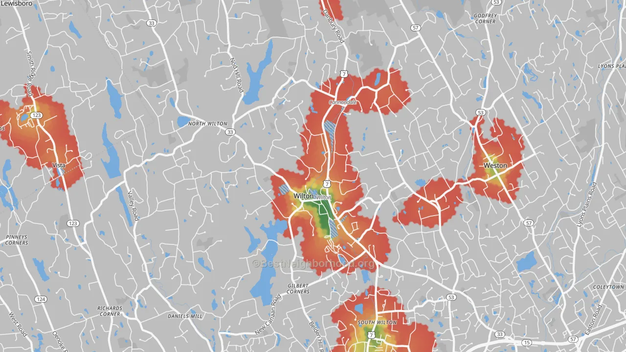 Walk Grade map of Wilton, CT, walkable areas in green and car-dependent areas in red