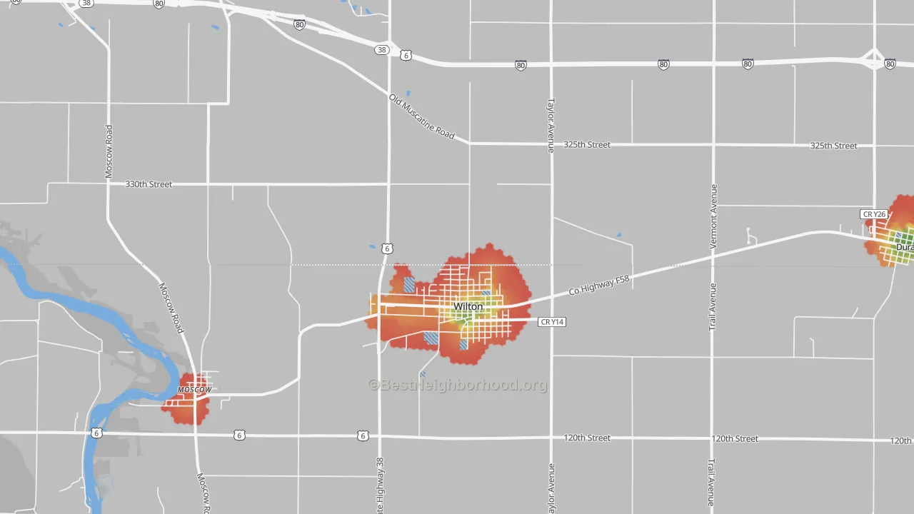 Walk Grade map of Wilton, IA, walkable areas in green and car-dependent areas in red