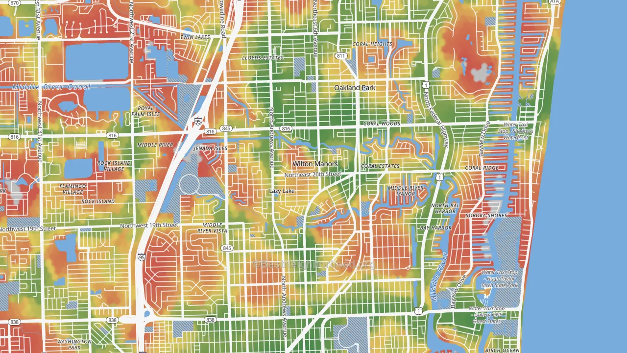 Walk Grade map of Wilton Manors, FL, walkable areas in green and car-dependent areas in red