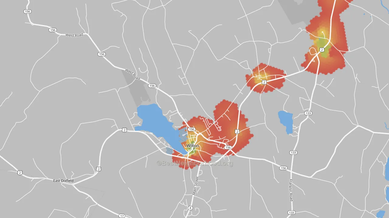 Walk Grade map of Wilton, ME, walkable areas in green and car-dependent areas in red