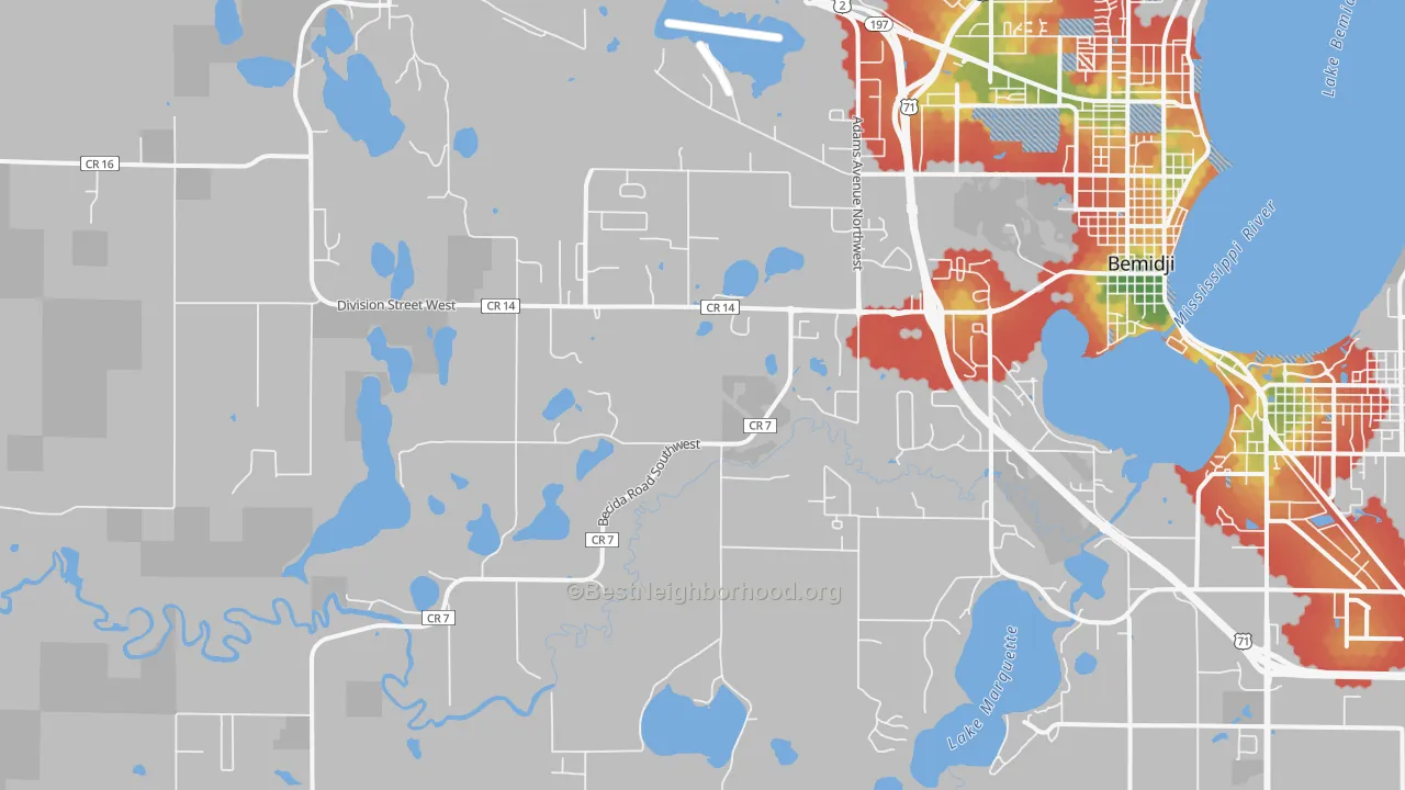 Walk Grade map of Wilton, MN, walkable areas in green and car-dependent areas in red