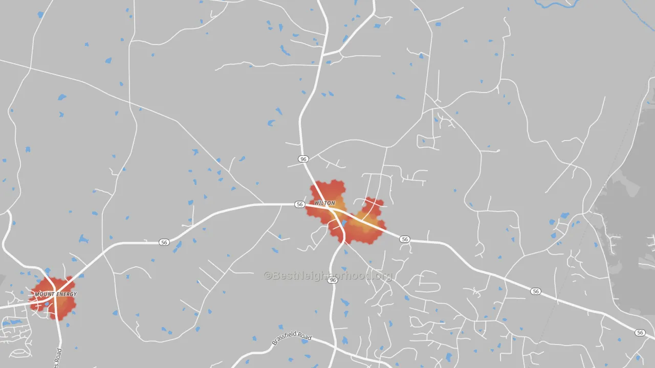 Walk Grade map of Wilton, NC, walkable areas in green and car-dependent areas in red