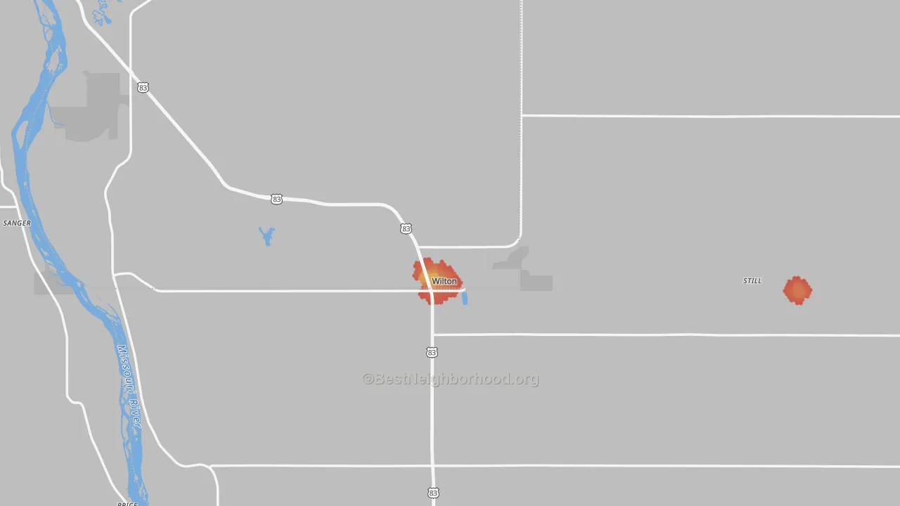 Walk Grade map of Wilton, ND, walkable areas in green and car-dependent areas in red