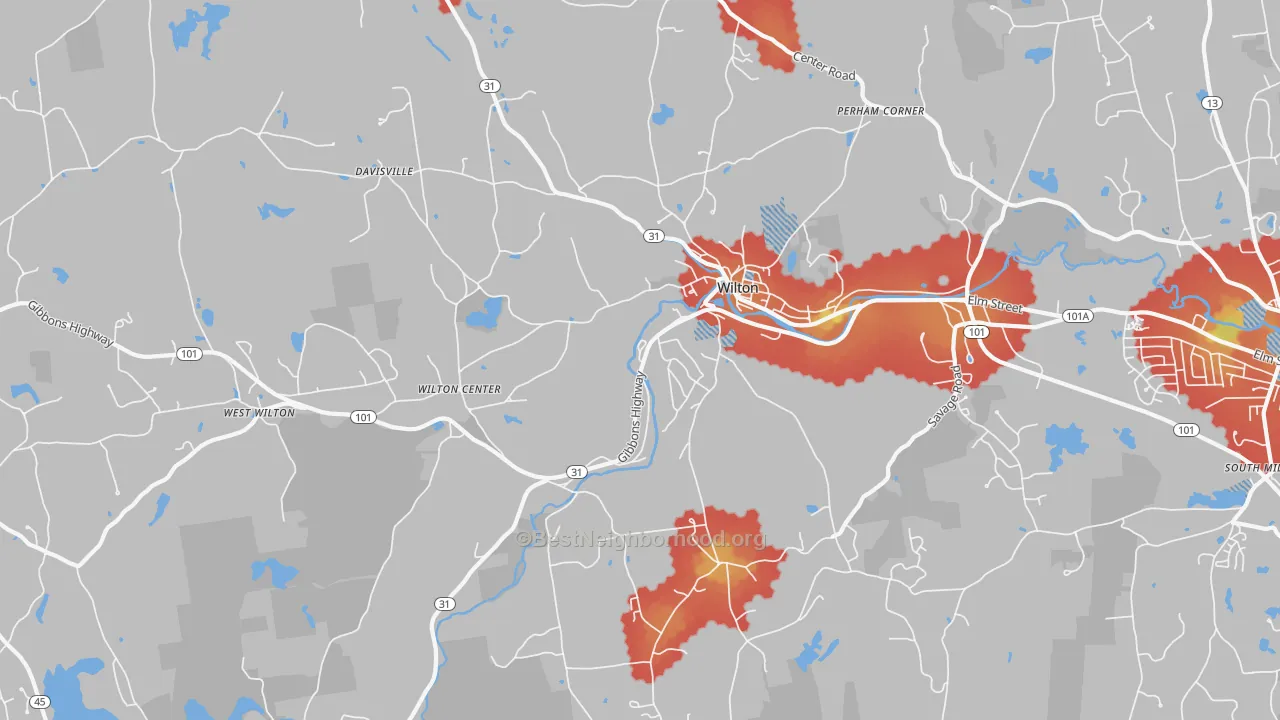 Walk Grade map of Wilton, NH, walkable areas in green and car-dependent areas in red