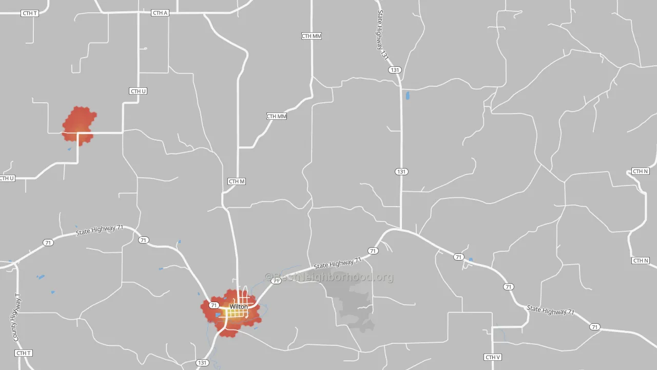 Walk Grade map of Wilton, WI, walkable areas in green and car-dependent areas in red
