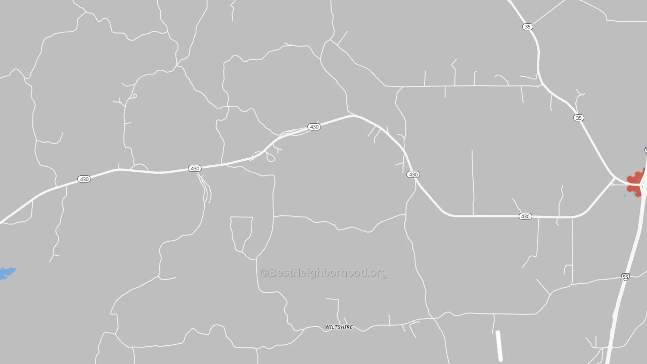 Walk Grade map of Wiltshire, MS, walkable areas in green and car-dependent areas in red