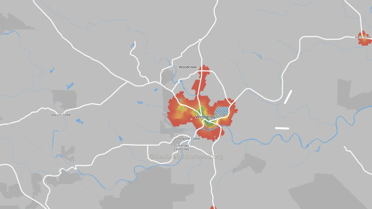 Walk Grade map of Wimberley, TX, walkable areas in green and car-dependent areas in red